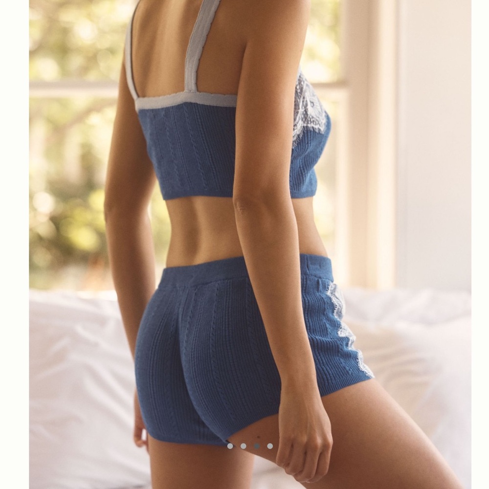 Anthropologie Lace Pointelle Sweater Shorts LyreBird NEW Medium Blue - Picture 5 of 9